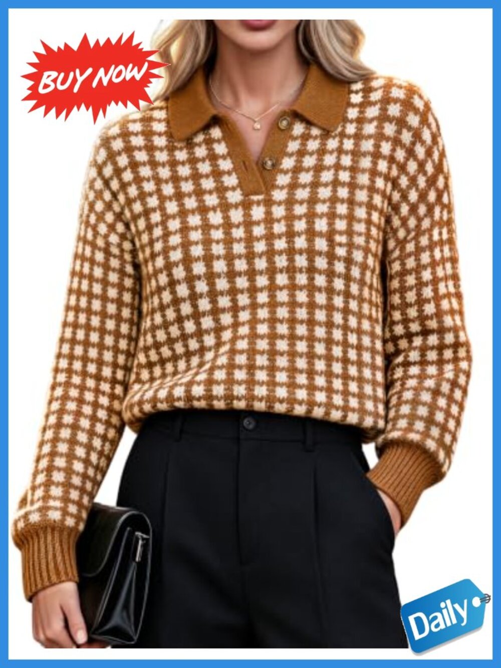V Neck Polo Knit Sweater Long Sleeve Checkered Pullover